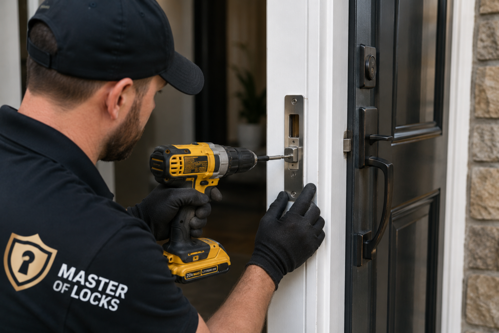 Professional locksmith reinforcing a front door strike plate to improve residential home security.