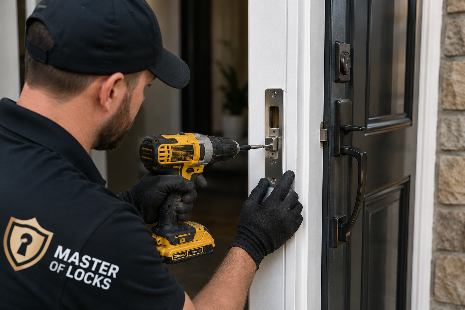 Professional locksmith reinforcing a front door strike plate to improve residential home security.